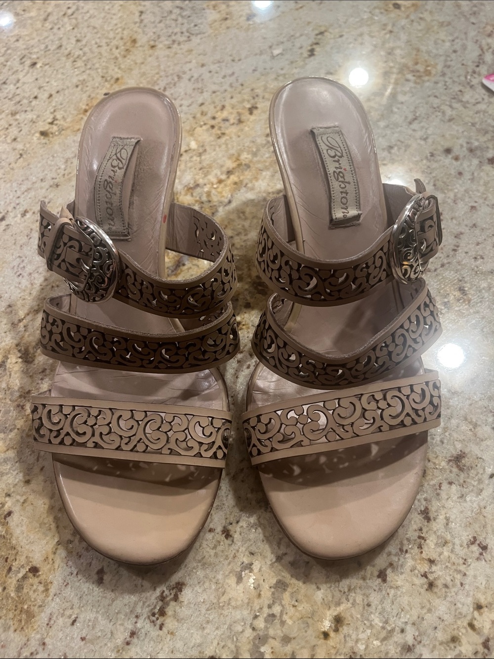 Brighton Tinsel Leather Taupe Laser-Cut Triple Strap Slide Sandals